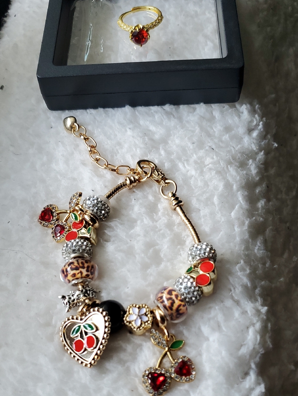 SHEIN Gold Cherry Charm Bracelet with Red and Green Accents